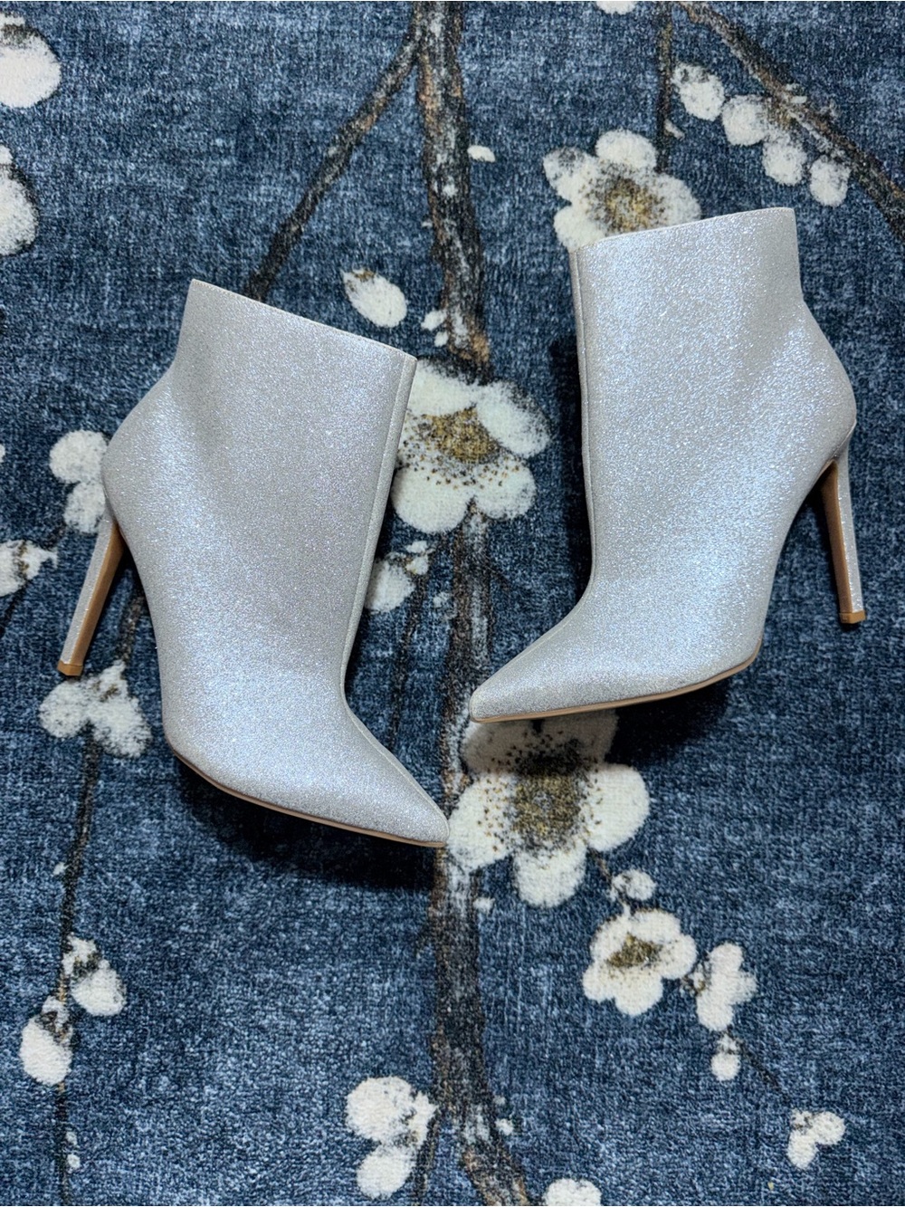 Nine West Silver Glitter Pointed Toe Ankle Booties